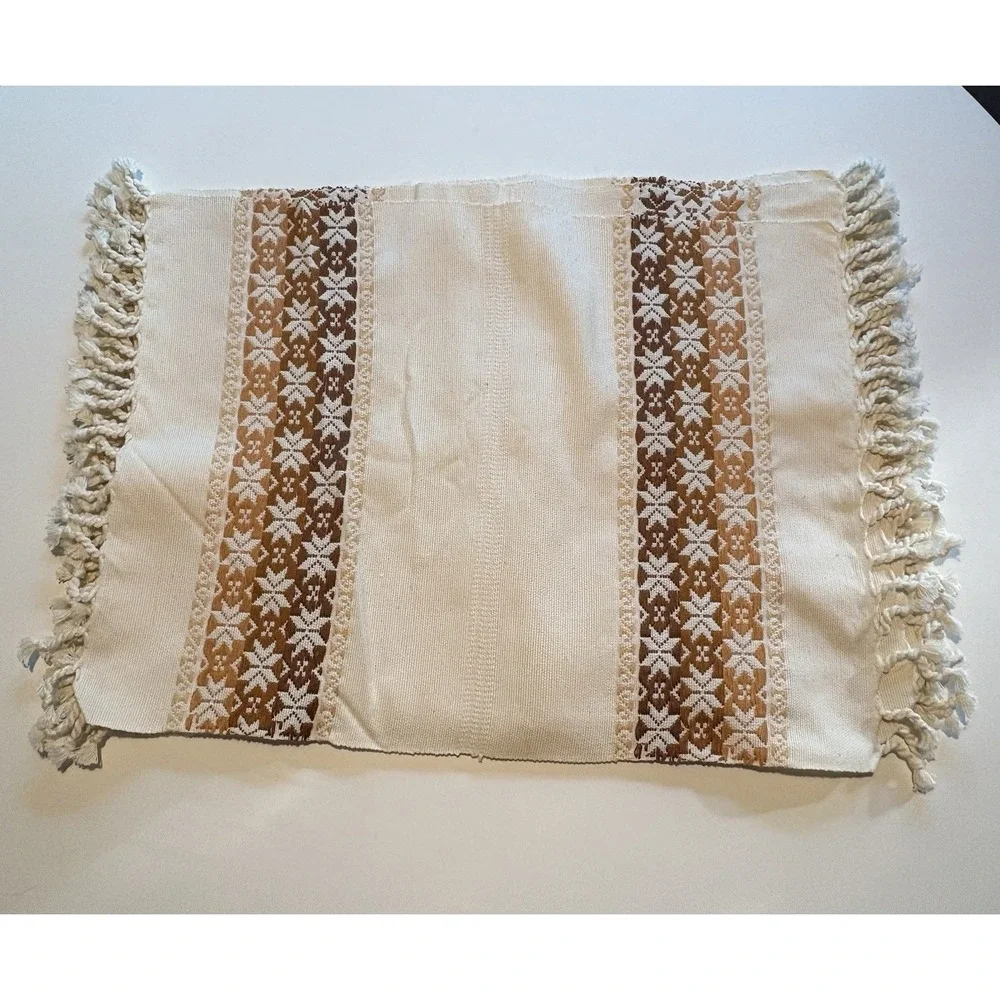 Set of 6 Vintage Woven Placemats – Reversible Brown & Tan with Fringe 22